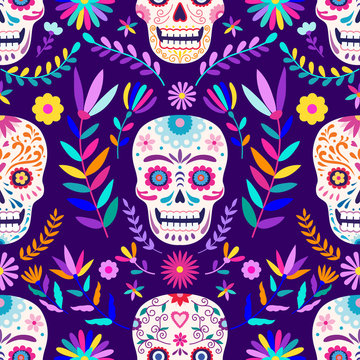 Death Day, Seamless Pattern, Sugar Skull On A Floral Background