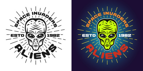 Alien green head vector emblem, badge two styles