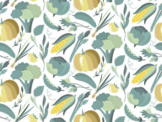 Vector seamless pattern with colorful fresh organic vegetables. Endless healthy food, vegan, farm natural background.