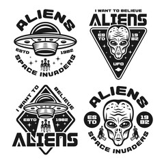 Aliens and ufo set of four vector emblems