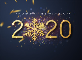 Happy New 2020 Year. Holiday vector illustration of golden metallic numbers 2020 and sparkling glitters pattern.Holiday greetings