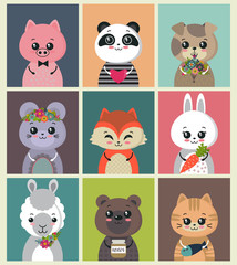 Vector collection of cute baby cards. Colorful funny animal characters