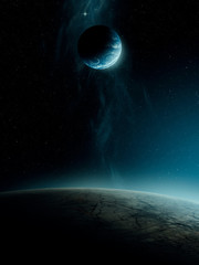 planets in dark scape scene, minimal 3d illustration