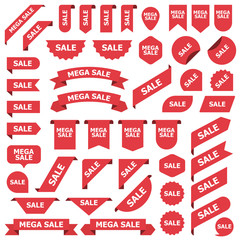 Big set of red stickers sale tags, labels and banners