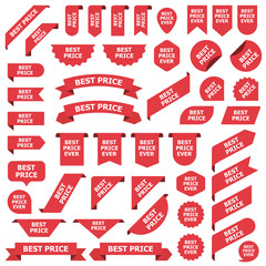 Big set of red stickers best price tags, labels and banners