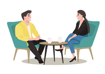 HR interviewer talking with a job applicant. Meeting man and woman about hiring new employees.Journalist making an interview with businessman. Vector illustration.