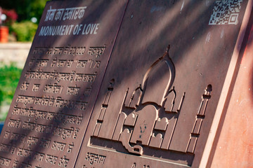 Text desk of Monument of love Taj Mahal in Agra, India