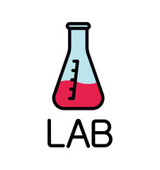 Linear logo on a scientific theme. Vector illstration with erlenmeyer flask and text Lab in flat style isolated on white background.