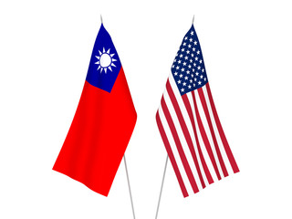 National fabric flags of America and Taiwan isolated on white background. 3d rendering illustration.