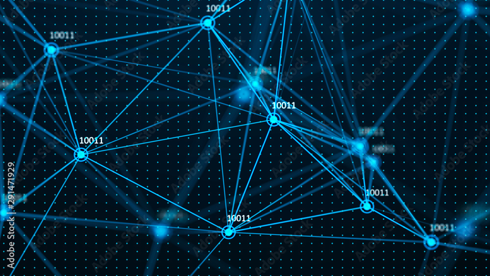Wall mural data technology illustration. big data digital code. abstract connection of dots and lines on dark b