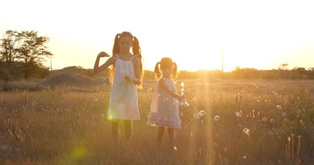 Two little pretty sisters, four and seven years old, have fun blowing big soapy air bubbles in a  meadow near the forest on a  summer sunset. Slow motion 4k 50 FPS