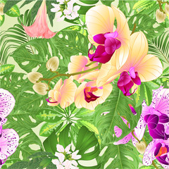 Seamless texture  tropical flowers  floral arrangement beautiful and yellow  orchids Phalaenopsis  purple and white with    Schefflera  and Monstera vintage vector illustration  editable hand draw