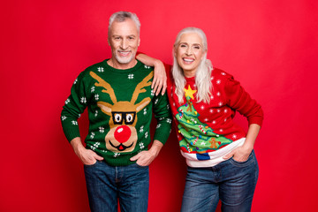 X-mas time decor design concept. Photo of two sweet confident crazy excited carefree delightful...