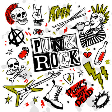Punk rock set. Punks not dead words and design elements. vector illustration.