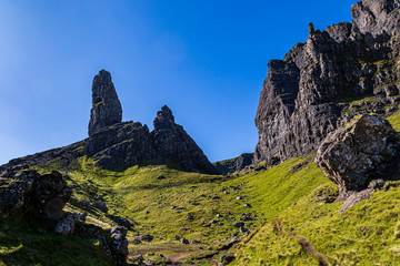 Looking up at the rocky landscape of The Old Man of Storr on the Isle of Skye