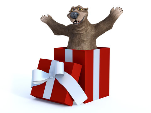 3D rendering of a cartoon bear in a gift box.