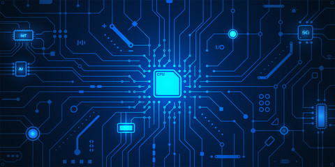 Electric circuit IoT AI 5G with cpu processor on blue background. Vector illustrator