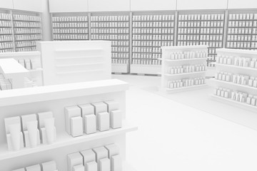 3D Illustration Rendering. Clean Pharmacy views on white backgorund for presentation and mockup blueprints. Architectural visualization of Modern interior design store. Head view, customer view