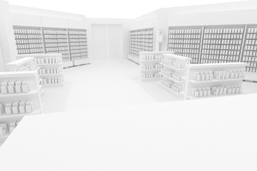 3D Illustration Rendering. Clean Pharmacy views on white backgorund for presentation and mockup blueprints. Architectural visualization of Modern interior design store.. Side view 02