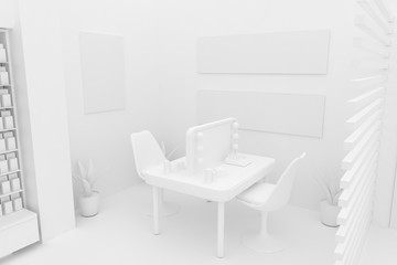3D Illustration Rendering. Clean Pharmacy views on white backgorund for presentation and mockup blueprints. Architectural visualization of Modern interior design store.. Cosmetic