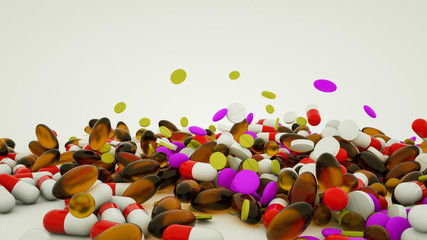three-dimensional tablets of different colors and shapes. 3d rendering illustration