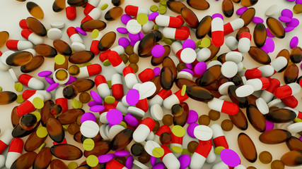 three-dimensional tablets of different colors and shapes. 3d rendering illustration