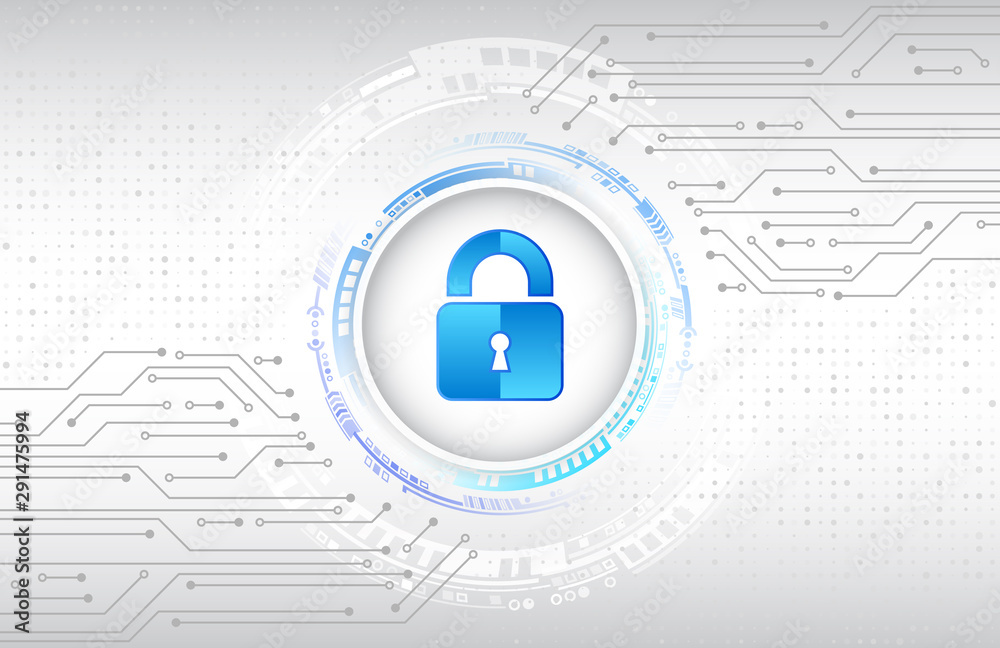 Fototapete Data protection privacy concept. Padlock icon and internet technology networking connection. Cyber security internet and networking concept. Abstract circuit board.