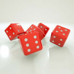 five three-dimensional game cubes on a white background. 3d rendering illustration