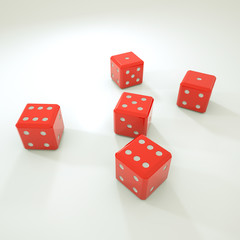 five three-dimensional game cubes on a white background. 3d rendering illustration