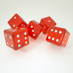 five three-dimensional game cubes on a white background. 3d rendering illustration
