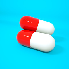 three-dimensional red-white tablets in the form of capsules on a turquoise background. 3d rendering illustration