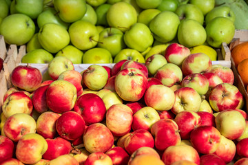 Red and green ripe apples in boxes close-up on the market