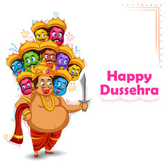 illustration of Ravana with ten heads for Navratri festival of India poster for Dussehra