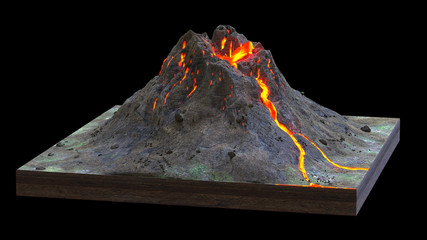 volcano erupts lava, cross section model isolated on black background (3d science render) © dottedyeti