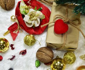 christmas decorations and gifts on a background