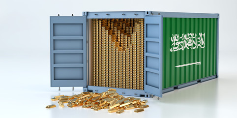 Freight Container with Saudi Arabia flag filled with Gold bars. Some Gold bars scattered on the ground - 3D Rendering