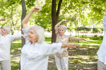 Fototapeta premium Smiling old women practicing qigong in the park