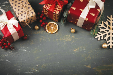 Wooden background copy space with christmas gifts and decorations for your design