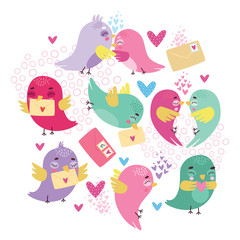 vector greeting card with romantic birds and letters. use for Valentine's Day, background, wallpaper, fabric, packaging. postal romance