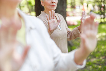 Old woman doing qigong exercise in the park - obrazy, fototapety, plakaty