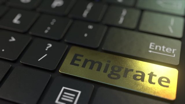 Black computer keyboard and gold emigrate key. Conceptual 3D animation