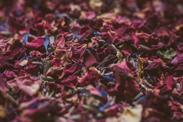 Flower petals background. Close up view of rose and lavender dried petals with selective focus. 