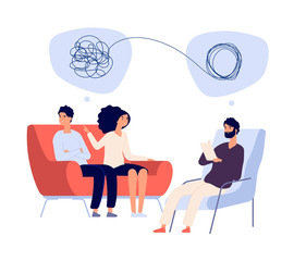 Psychotherapy concept. Psychologist doctor helps patient to unravel tangled thoughts. Psychological problems, mental treatment vector. Illustration couple woman and man counselling psychiatrist