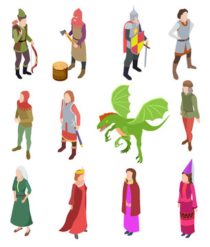Medieval isometric characters. Knight dragon man royal ancient priest king warrior queen isolated 3d vector set. Illustration king medieval, executioner and lord, dragon and queen
