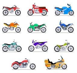 Motorcycle set. Motorbike and scooter, bike and chopper. Motocross and delivery vehicles side view isolated vector flat icons. Scooter and motorcycle, illustration transport bike