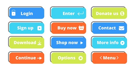 Action buttons set. Vector flat web buttons design. Illustration web graphic button, download and more info