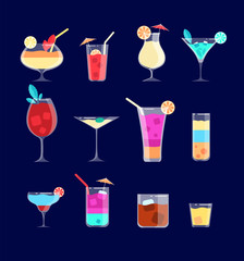 Flat cocktails. Alcohol drinks in glasses with straw. Margarita, whiskey and gin tonic, pina colada cocktail vector isolated set. Illustration cocktail drink with straw and ice