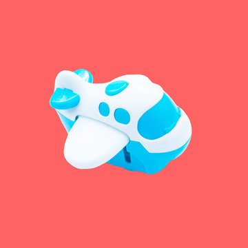 Plastic blue and white toy airplane jet isolated on red background. side view