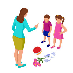 Isometric Strict mother scolds her children for a broken vase while playing football. Kids plead guilty. Misbehavior and parenting.