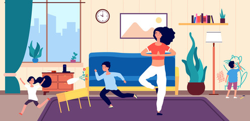 Calm mom and kids. Mother meditates among running naughty, mischievous children creating chaos in home. Vector concept mom do meditation, peaceful and calm illustration